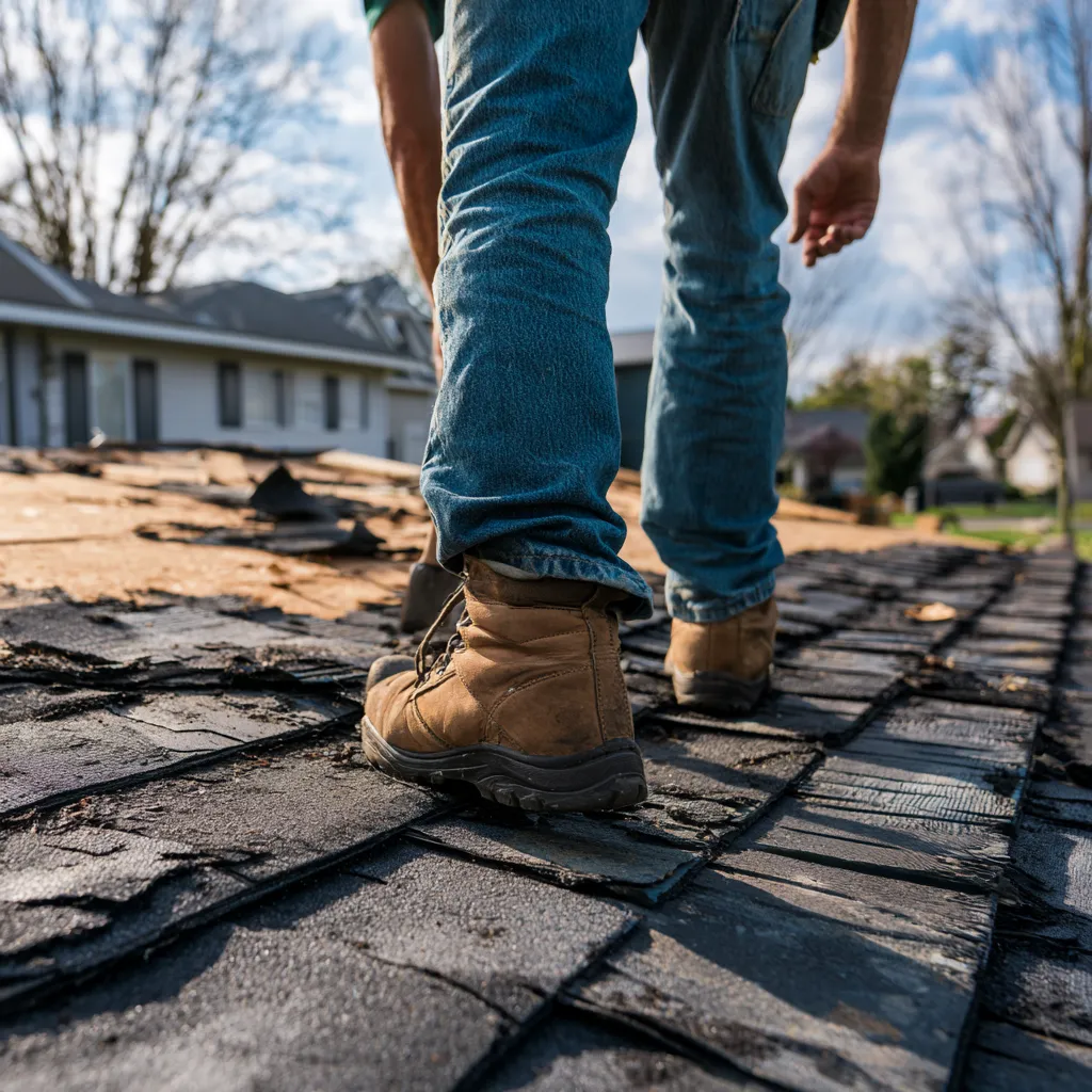 Roofer in work boots walking across stripped dark roofing